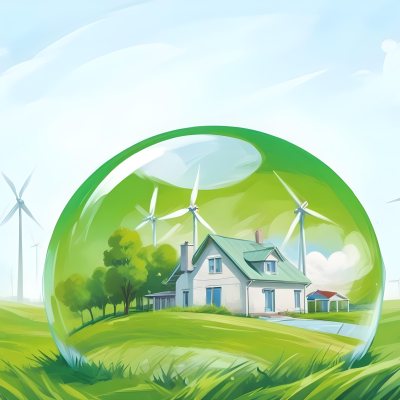 Wind Turbines And A House Inside A Blue Bubble On A Green Grass Field With A Bright Blue Sky Background 33 810f