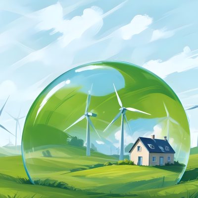Wind Turbines And A House Inside A Blue Bubble On A Green Grass Field With A Bright Blue Sky Background 46 31c0