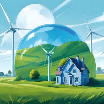 Wind Turbines And A House Inside A Blue Bubble On A Green Grass Field With A Bright Blue Sky Background 6 8bf5