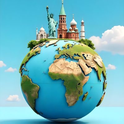 World Globe With Statue Of Liberty Leaning Tower Of Pisa Saint Basil S Cathedral Moai And Taj Mahal On Top Blue Sky Background 10 4914