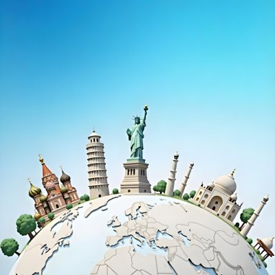 World Globe With Statue Of Liberty Leaning Tower Of Pisa Saint Basil S Cathedral Moai And Taj Mahal On Top Blue Sky Background 11 60b4