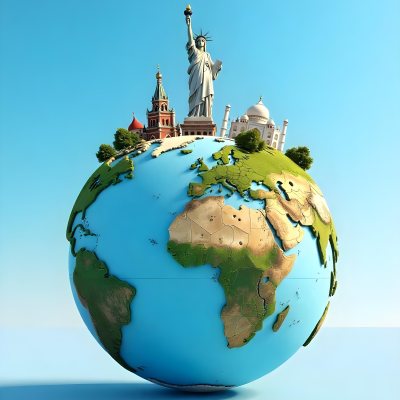 World Globe With Statue Of Liberty Leaning Tower Of Pisa Saint Basil S Cathedral Moai And Taj Mahal On Top Blue Sky Background 12 7ed0
