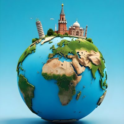 World Globe With Statue Of Liberty Leaning Tower Of Pisa Saint Basil S Cathedral Moai And Taj Mahal On Top Blue Sky Background 13 C018