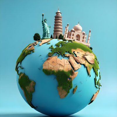 World Globe With Statue Of Liberty Leaning Tower Of Pisa Saint Basil S Cathedral Moai And Taj Mahal On Top Blue Sky Background 16 7250