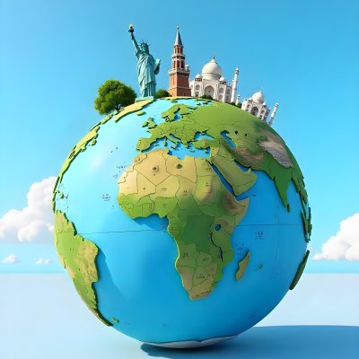 World Globe With Statue Of Liberty Leaning Tower Of Pisa Saint Basil S Cathedral Moai And Taj Mahal On Top Blue Sky Background 22 6177