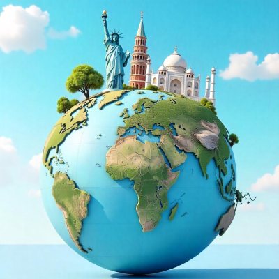World Globe With Statue Of Liberty Leaning Tower Of Pisa Saint Basil S Cathedral Moai And Taj Mahal On Top Blue Sky Background 24 Bb89