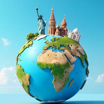 World Globe With Statue Of Liberty Leaning Tower Of Pisa Saint Basil S Cathedral Moai And Taj Mahal On Top Blue Sky Background 25 125e