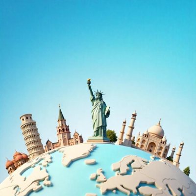World Globe With Statue Of Liberty Leaning Tower Of Pisa Saint Basil S Cathedral Moai And Taj Mahal On Top Blue Sky Background 26 0ba2