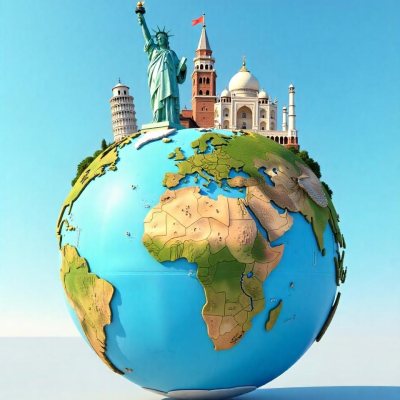 World Globe With Statue Of Liberty Leaning Tower Of Pisa Saint Basil S Cathedral Moai And Taj Mahal On Top Blue Sky Background 28 1e8d