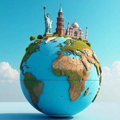 World Globe With Statue Of Liberty Leaning Tower Of Pisa Saint Basil S Cathedral Moai And Taj Mahal On Top Blue Sky Background 29 8cb2