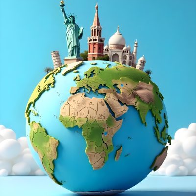 World Globe With Statue Of Liberty Leaning Tower Of Pisa Saint Basil S Cathedral Moai And Taj Mahal On Top Blue Sky Background 3 Bd91
