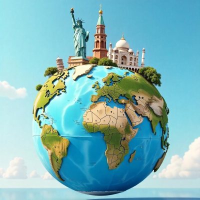World Globe With Statue Of Liberty Leaning Tower Of Pisa Saint Basil S Cathedral Moai And Taj Mahal On Top Blue Sky Background 30 F1be