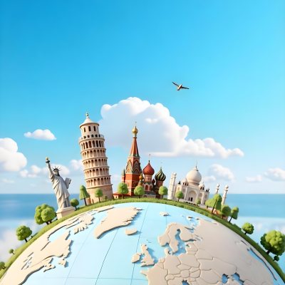 World Globe With Statue Of Liberty Leaning Tower Of Pisa Saint Basil S Cathedral Moai And Taj Mahal On Top Blue Sky Background 31 49e1