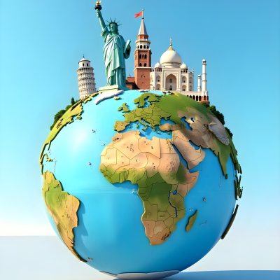 World Globe With Statue Of Liberty Leaning Tower Of Pisa Saint Basil S Cathedral Moai And Taj Mahal On Top Blue Sky Background 33 53dd