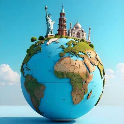 World Globe With Statue Of Liberty Leaning Tower Of Pisa Saint Basil S Cathedral Moai And Taj Mahal On Top Blue Sky Background 35 6e75