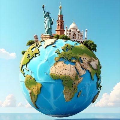 World Globe With Statue Of Liberty Leaning Tower Of Pisa Saint Basil S Cathedral Moai And Taj Mahal On Top Blue Sky Background 37 48c1