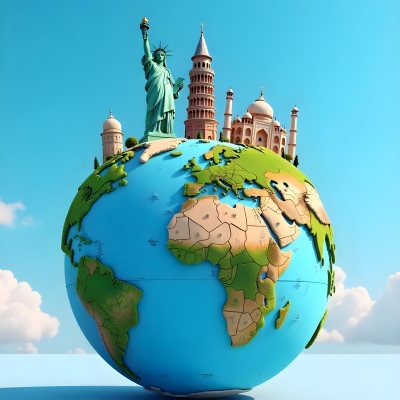 World Globe With Statue Of Liberty Leaning Tower Of Pisa Saint Basil S Cathedral Moai And Taj Mahal On Top Blue Sky Background 4 Ce4e