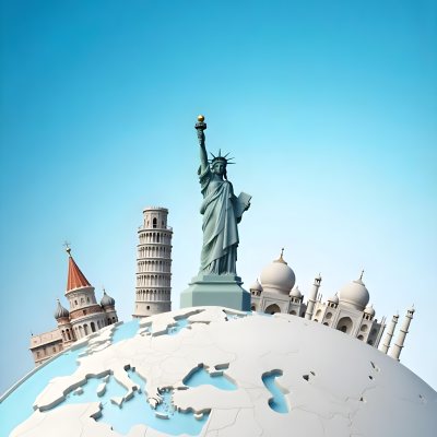 World Globe With Statue Of Liberty Leaning Tower Of Pisa Saint Basil S Cathedral Moai And Taj Mahal On Top Blue Sky Background 5 A264