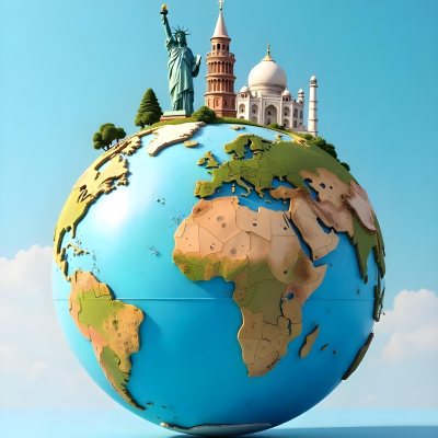 World Globe With Statue Of Liberty Leaning Tower Of Pisa Saint Basil S Cathedral Moai And Taj Mahal On Top Blue Sky Background 6 4ce7