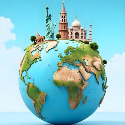 World Globe With Statue Of Liberty Leaning Tower Of Pisa Saint Basil S Cathedral Moai And Taj Mahal On Top Blue Sky Background 9 8962