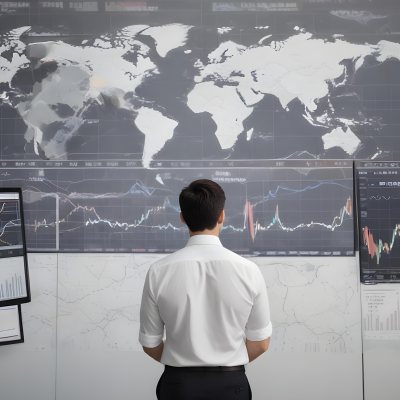 A 35 Year Old White Man With Short Dark Hair Wearing A White Shirt Looking At Stock Market Charts And World Map In A City 1 3dd7