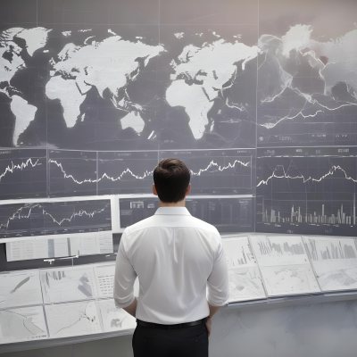 A 35 Year Old White Man With Short Dark Hair Wearing A White Shirt Looking At Stock Market Charts And World Map In A City 2 8f26