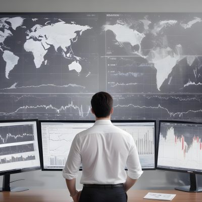 A 35 Year Old White Man With Short Dark Hair Wearing A White Shirt Looking At Stock Market Charts And World Map In A City 3 6dcd