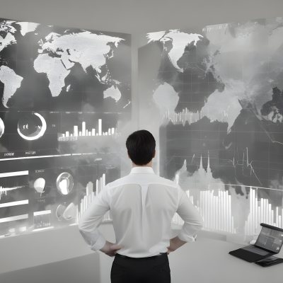 A 35 Year Old White Man With Short Dark Hair Wearing A White Shirt Looking At Stock Market Charts And World Map In A City 4 00f2