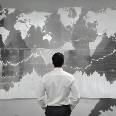A 35 Year Old White Man With Short Dark Hair Wearing A White Shirt Looking At Stock Market Charts And World Map In A City 5 Bf45