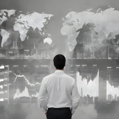 A 35 Year Old White Man With Short Dark Hair Wearing A White Shirt Looking At Stock Market Charts And World Map In A City 6 Eca8