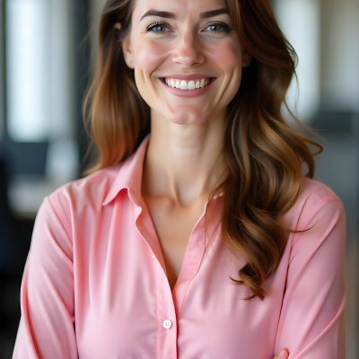 A Caucasian Woman Age 25 Brown Hair Wearing A Pink Shirt Smiling In An Office 19 5cf8