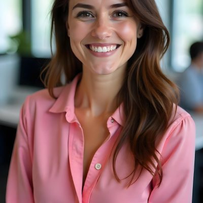 A Caucasian Woman Age 25 Brown Hair Wearing A Pink Shirt Smiling In An Office 20 2469