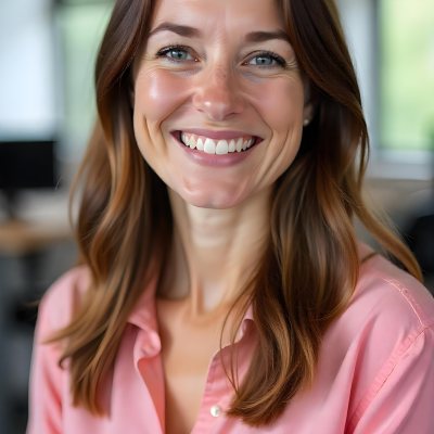 A Caucasian Woman Age 25 Brown Hair Wearing A Pink Shirt Smiling In An Office 21 5535