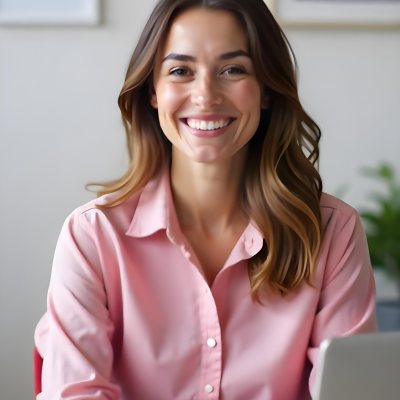 A Caucasian Woman Age 25 Brown Hair Wearing A Pink Shirt Smiling In An Office 4 57cd