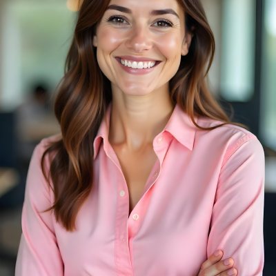 A Caucasian Woman Age 25 Brown Hair Wearing A Pink Shirt Smiling In An Office 6 1417