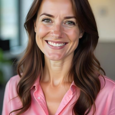 A Caucasian Woman Age 25 Brown Hair Wearing A Pink Shirt Smiling In An Office 8 68ca