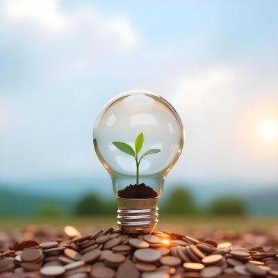 A Light Bulb With A Plant Growing Inside The Bulb Is On Top Of A Pile Of Coins The Background Is A Blurred Landscape With A Blue Sky 21 0361