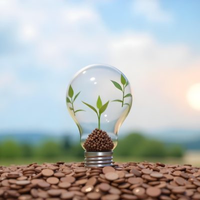A Light Bulb With A Plant Growing Inside The Bulb Is On Top Of A Pile Of Coins The Background Is A Blurred Landscape With A Blue Sky 28 6304