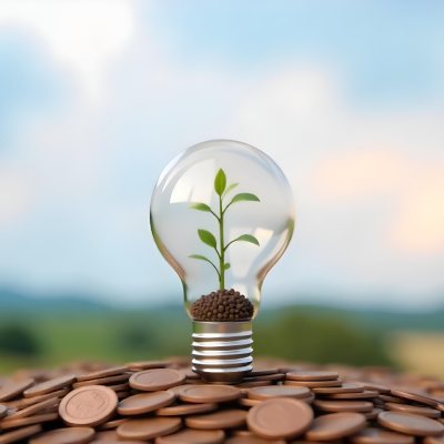 A Light Bulb With A Plant Growing Inside The Bulb Is On Top Of A Pile Of Coins The Background Is A Blurred Landscape With A Blue Sky 30 4fa8