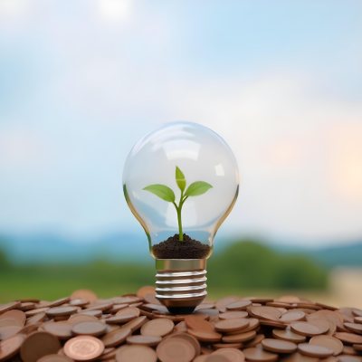 A Light Bulb With A Plant Growing Inside The Bulb Is On Top Of A Pile Of Coins The Background Is A Blurred Landscape With A Blue Sky 31 D01e