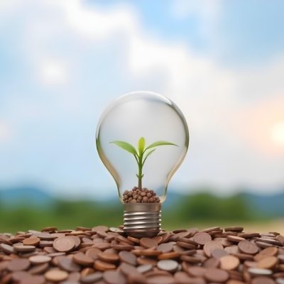 A Light Bulb With A Plant Growing Inside The Bulb Is On Top Of A Pile Of Coins The Background Is A Blurred Landscape With A Blue Sky 35 48b2
