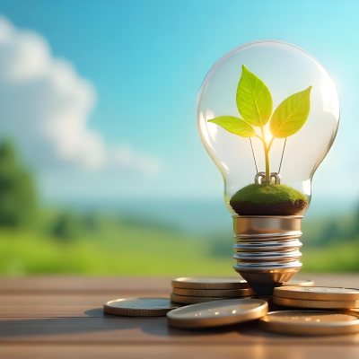 A Light Bulb With A Plant Growing Inside The Bulb Is On Top Of A Pile Of Coins The Background Is A Blurred Landscape With A Blue Sky 36 7f8a