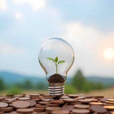 A Light Bulb With A Plant Growing Inside The Bulb Is On Top Of A Pile Of Coins The Background Is A Blurred Landscape With A Blue Sky 38 C877
