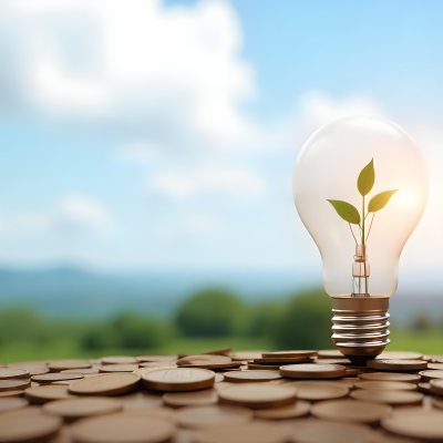 A Light Bulb With A Plant Growing Inside The Bulb Is On Top Of A Pile Of Coins The Background Is A Blurred Landscape With A Blue Sky 39 C6e4