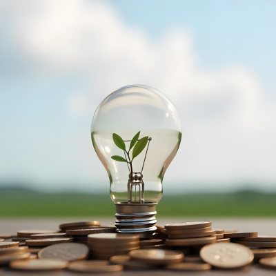 A Light Bulb With A Plant Growing Inside The Bulb Is On Top Of A Pile Of Coins The Background Is A Blurred Landscape With A Blue Sky 42 5914