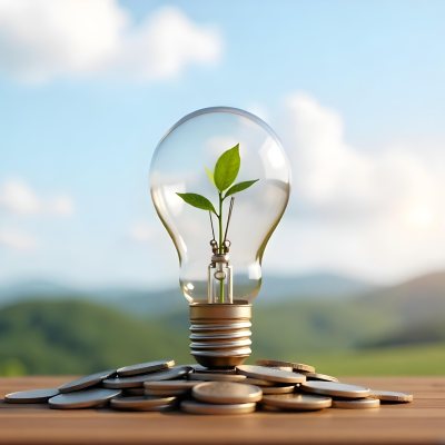 A Light Bulb With A Plant Growing Inside The Bulb Is On Top Of A Pile Of Coins The Background Is A Blurred Landscape With A Blue Sky 45 4e9a