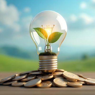 A Light Bulb With A Plant Growing Inside The Bulb Is On Top Of A Pile Of Coins The Background Is A Blurred Landscape With A Blue Sky 7 Ebe5