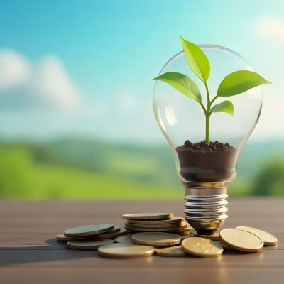 A Light Bulb With A Plant Growing Inside The Bulb Is On Top Of A Pile Of Coins The Background Is A Blurred Landscape With A Blue Sky 8 8b5e