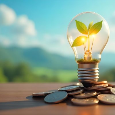 A Light Bulb With A Plant Growing Inside The Bulb Is On Top Of A Pile Of Coins The Background Is A Blurred Landscape With A Blue Sky 9 A326