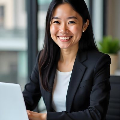 An Asian Woman 28 Years Old With Black Hair Wearing A Suit And Smiling In Front Of A Laptop In A Office 10 A77b